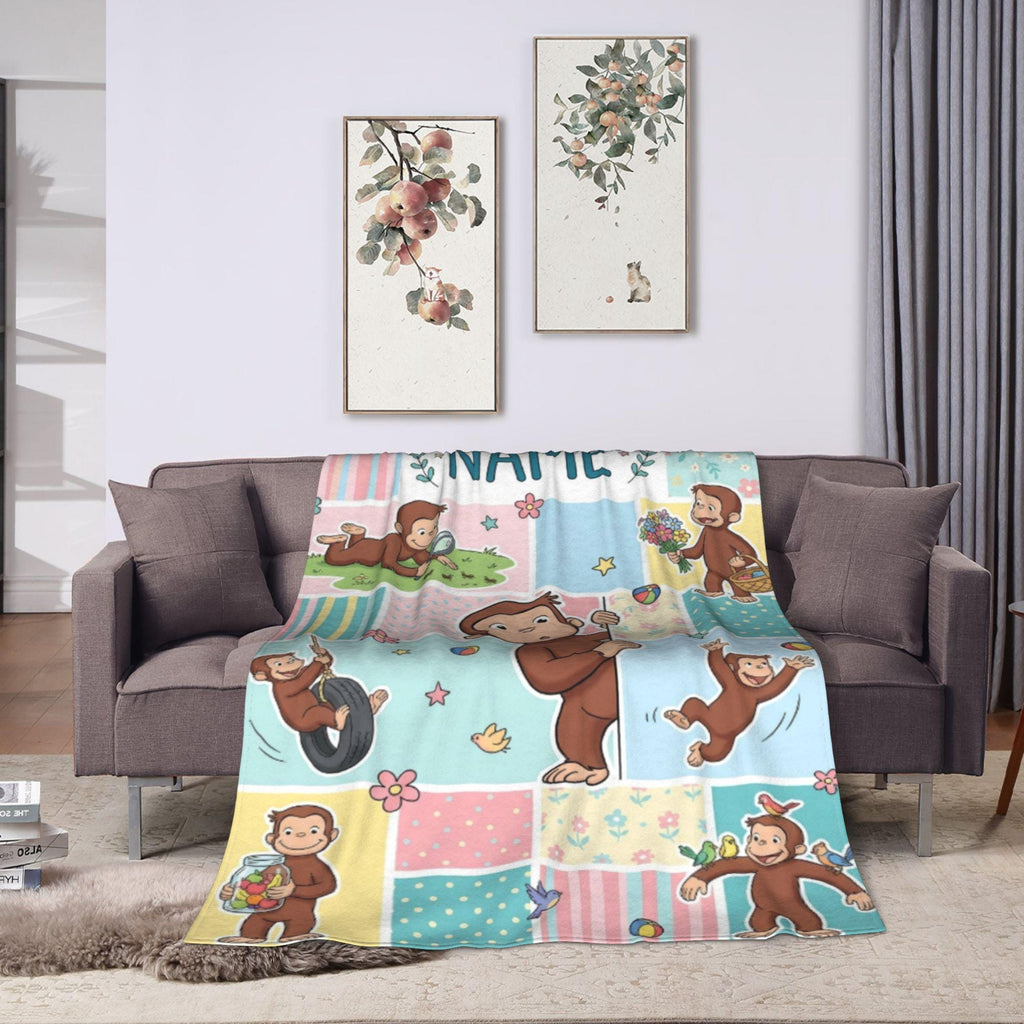 Personalized Curious George Pastel Patchwork Fleece Blanket, Custom Name Throw