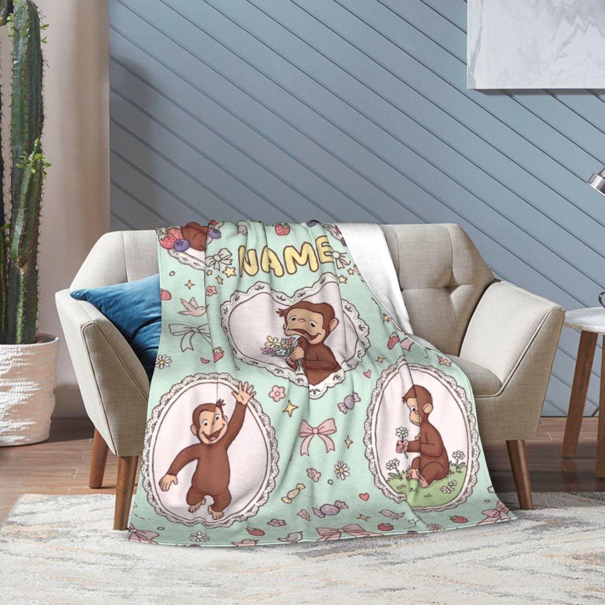 Custom Name Curious George Blanket, Lace Heart Frame Berry Monkey Throw, Mint Green Blanket