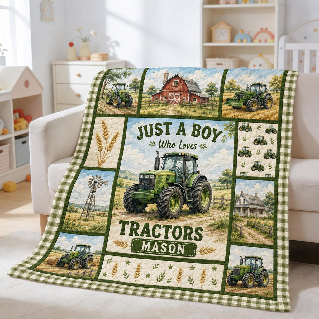 Tractor Quilt Blanket, Farmhouse Bedding Throw, Boys Room Decor (Custom Name)
