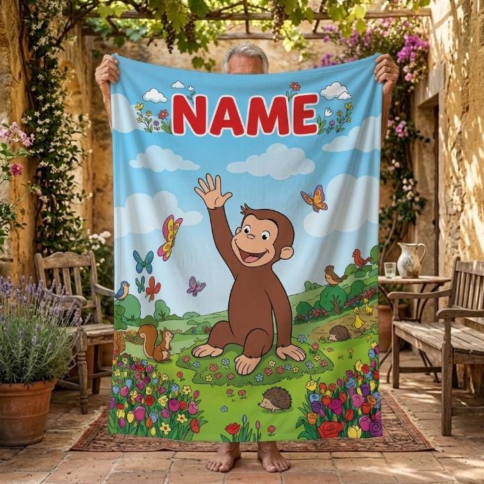 Personalized Curious George Blanket, Custom Name Flower Meadow Throw, Kids Woodland Animal Fleece