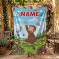 Personalized Curious George Blanket, Custom Name Flower Meadow Throw, Kids Woodland Animal Fleece