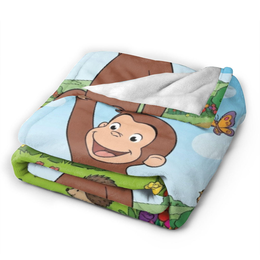 Personalized Curious George Blanket, Custom Name Flower Meadow Throw, Kids Woodland Animal Fleece