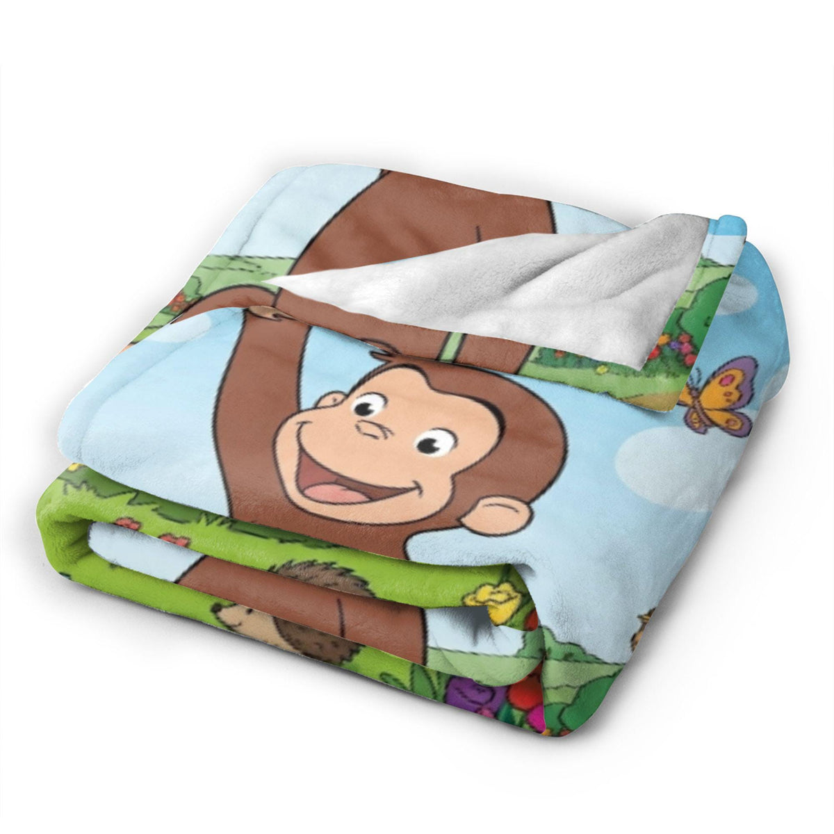 Personalized Curious George Blanket, Custom Name Flower Meadow Throw, Kids Woodland Animal Fleece