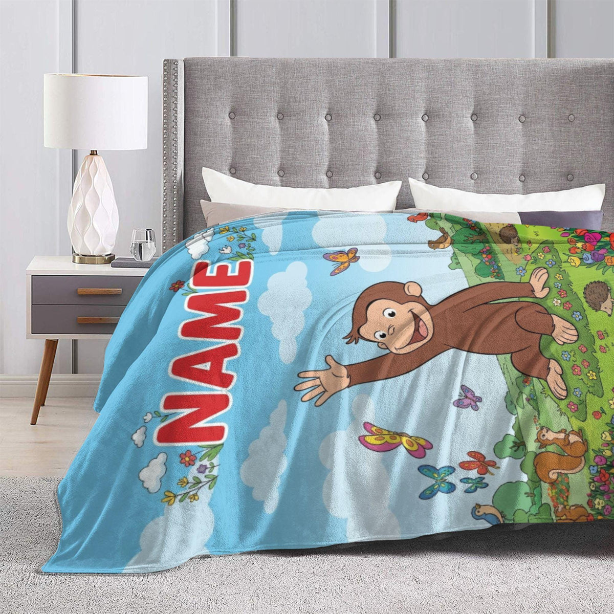 Personalized Curious George Blanket, Custom Name Flower Meadow Throw, Kids Woodland Animal Fleece