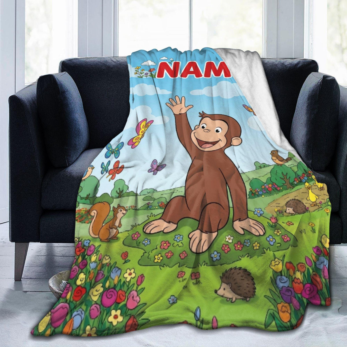 Personalized Curious George Blanket, Custom Name Flower Meadow Throw, Kids Woodland Animal Fleece