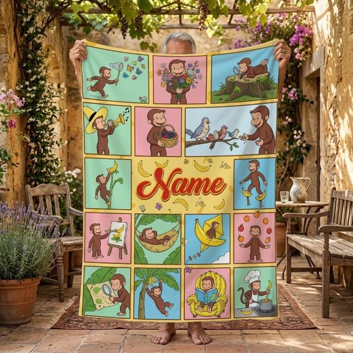 Personalized Curious George Blanket, Custom Name Grid Activity Monkey Throw, Kids Storybook Blanket, Birthday Gift for Boys Girls