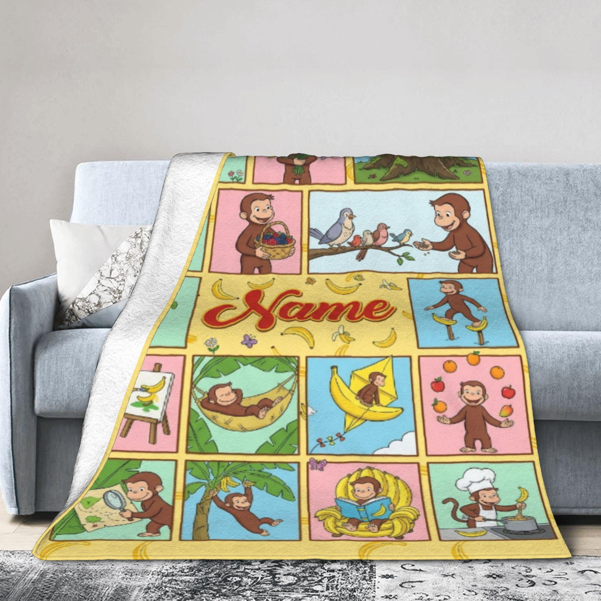 Personalized Curious George Blanket, Custom Name Grid Activity Monkey Throw, Kids Storybook Blanket, Birthday Gift for Boys Girls