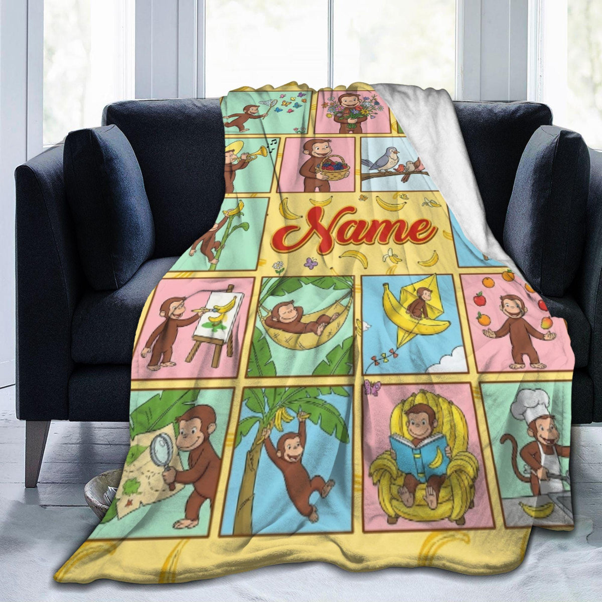 Personalized Curious George Blanket, Custom Name Grid Activity Monkey Throw, Kids Storybook Blanket, Birthday Gift for Boys Girls