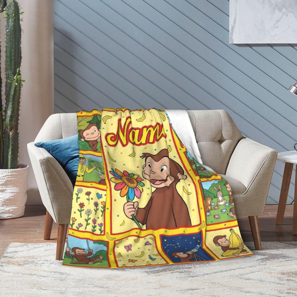 Custom Name Curious George Blanket, Sunflower Center Monkey Throw, Personalized Telescope Stargazing Blanket, Gift for Boys Girls