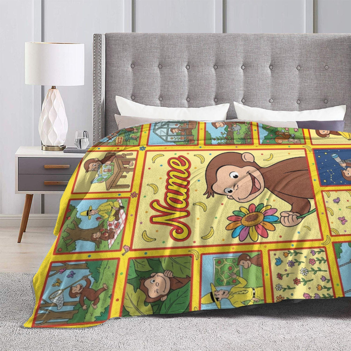 Custom Name Curious George Blanket, Sunflower Center Monkey Throw, Personalized Telescope Stargazing Blanket, Gift for Boys Girls