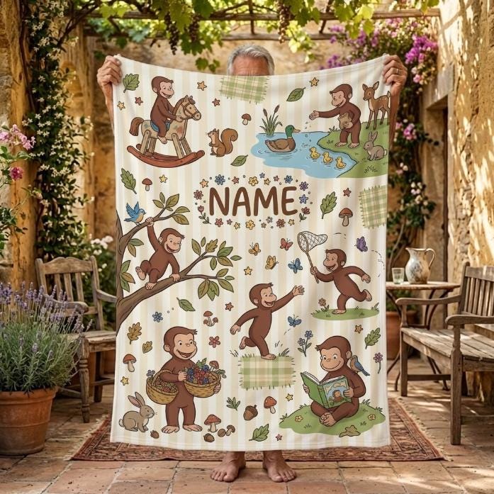 Personalized Curious George Blanket, Custom Name Rocking Horse Monkey Throw, Kids Woodland Animal Blanket, Birthday Gift Boys Girls