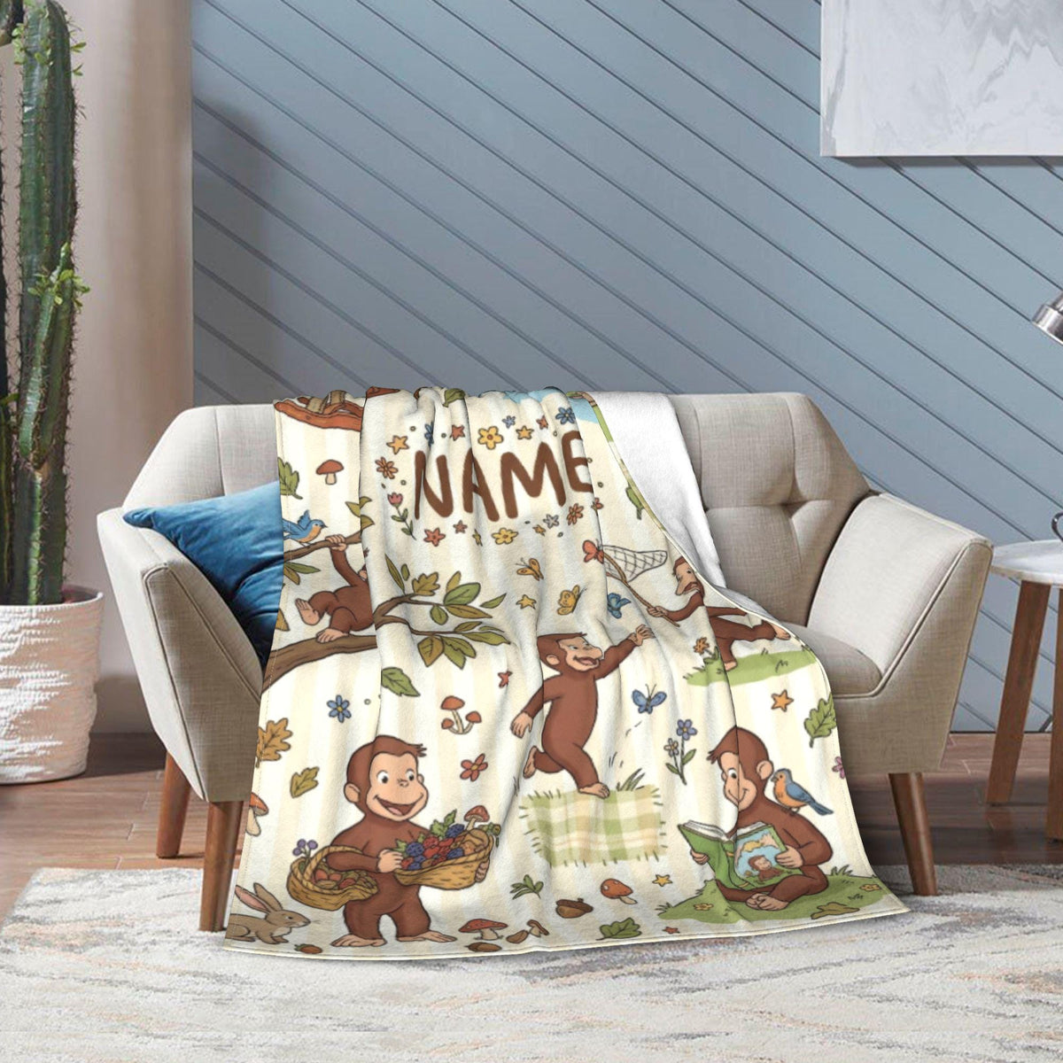 Personalized Curious George Blanket, Custom Name Rocking Horse Monkey Throw, Kids Woodland Animal Blanket, Birthday Gift Boys Girls