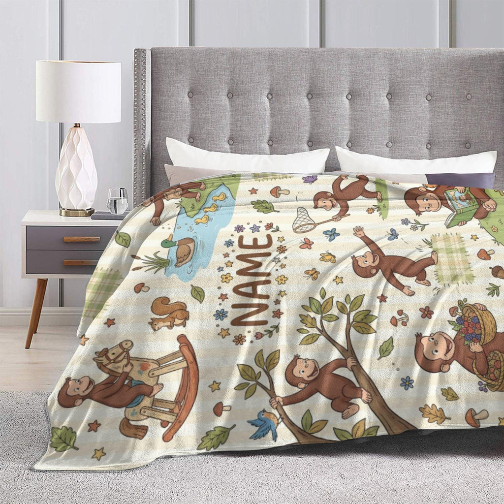Personalized Curious George Blanket, Custom Name Rocking Horse Monkey Throw, Kids Woodland Animal Blanket, Birthday Gift Boys Girls
