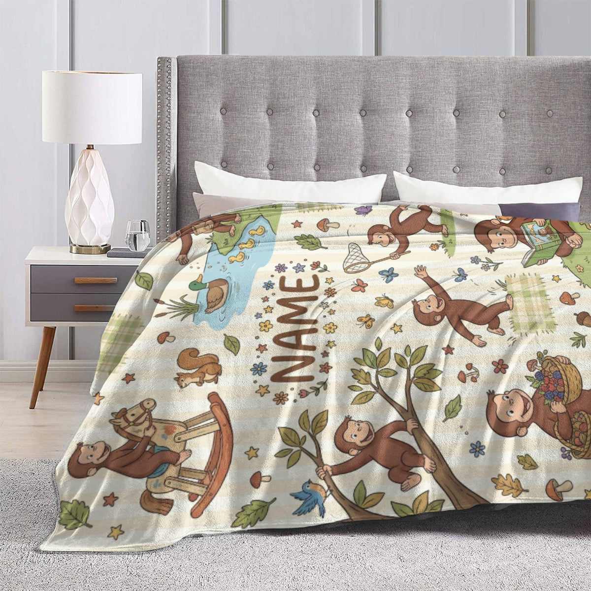 Personalized Curious George Blanket, Custom Name Rocking Horse Monkey Throw, Kids Woodland Animal Blanket, Birthday Gift Boys Girls