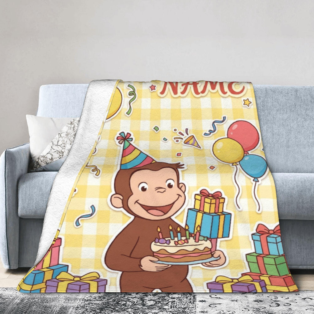 Personalized Curious George Birthday Blanket, Custom Name Party Cake Monkey Throw, Kids Celebration Blanket, Birthday Gift Boys Girls