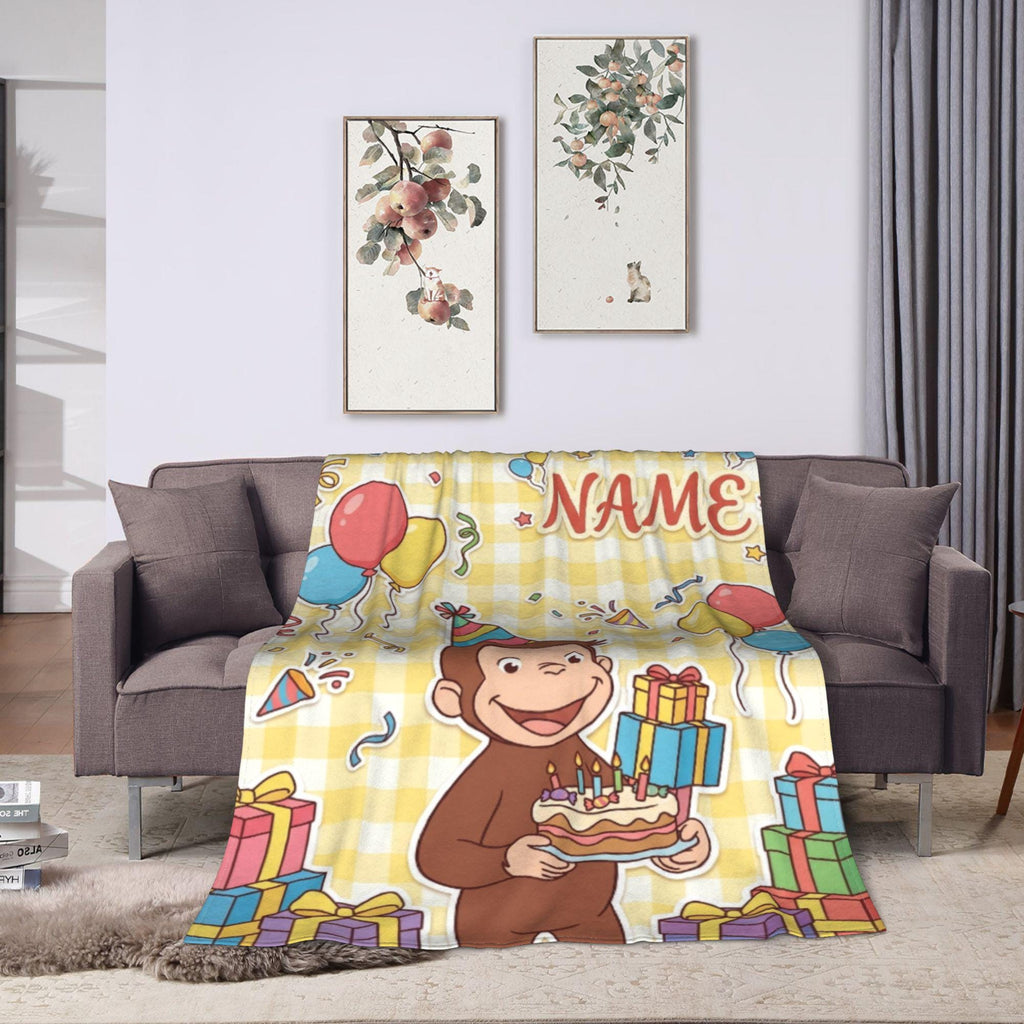 Personalized Curious George Birthday Blanket, Custom Name Party Cake Monkey Throw, Kids Celebration Blanket, Birthday Gift Boys Girls