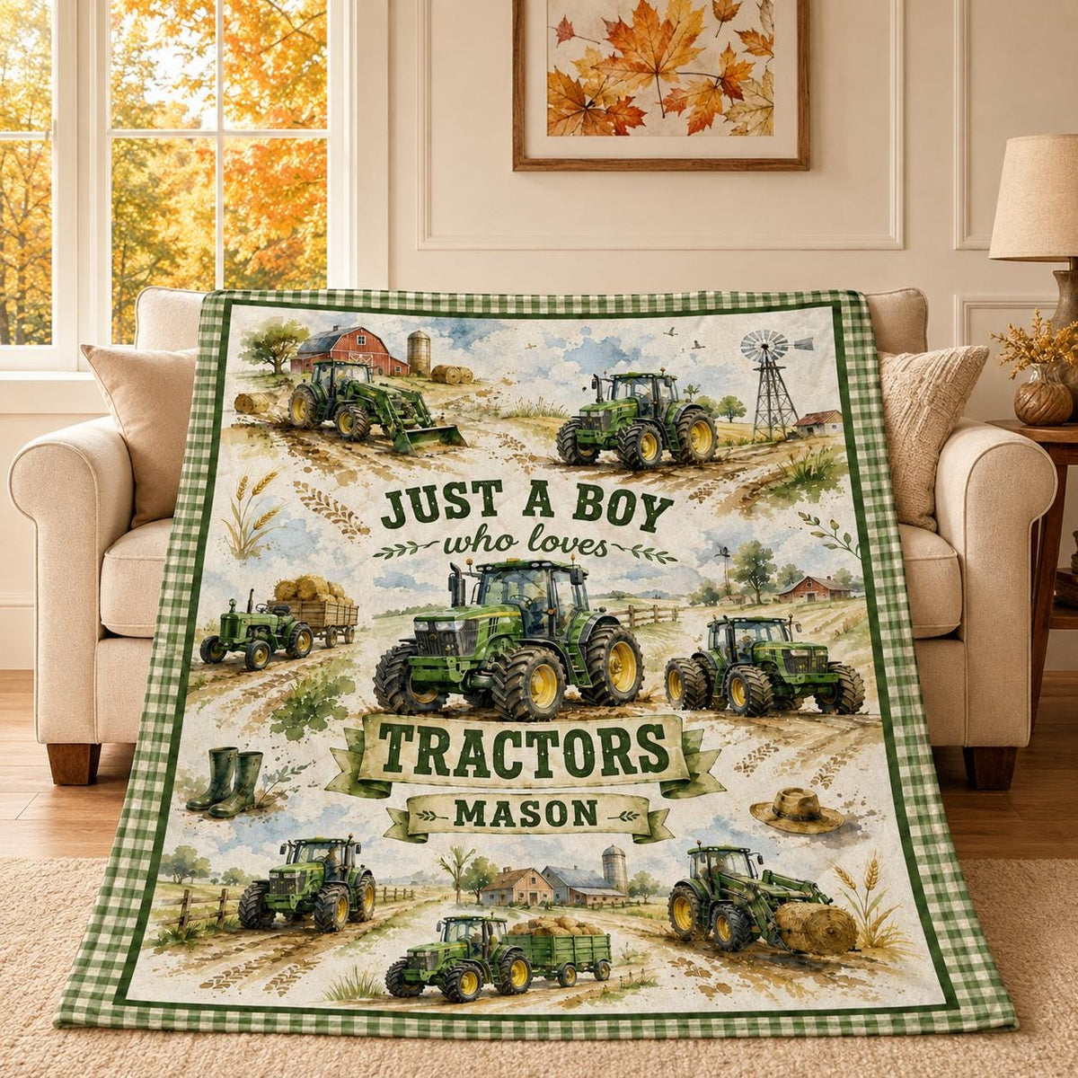Custom Tractor Quilt Blanket, Farm Scene Throw, Boys Room Decor