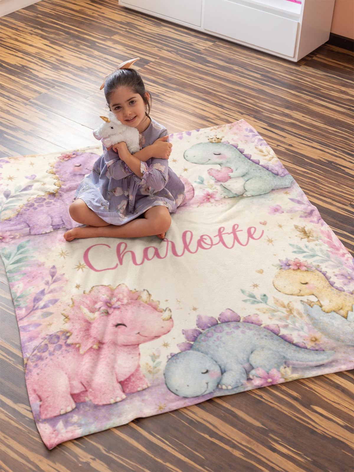 Personalized Dinosaur Blanket for Girls, Custom Baby Girl Name Blanket, Pastel Dino Nursery Bedding, Watercolor Toddler Flannel Gift