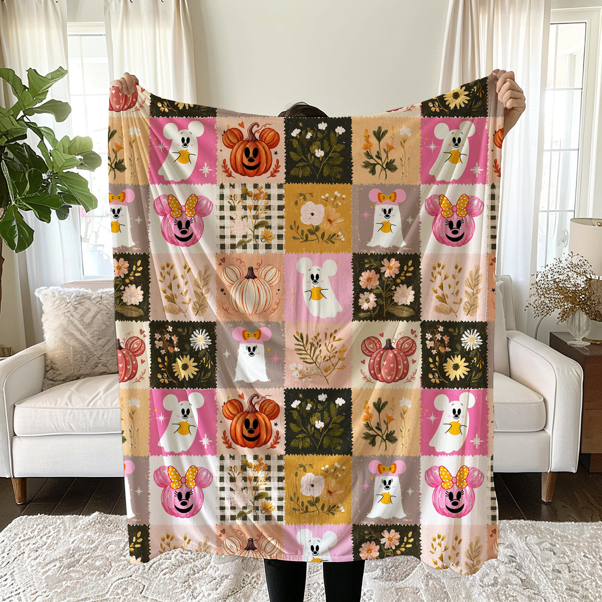 Minnie Ghost Velveteen Plush Halloween Blanket | Mickey Pumpkin Pink and Orange Halloween Throw