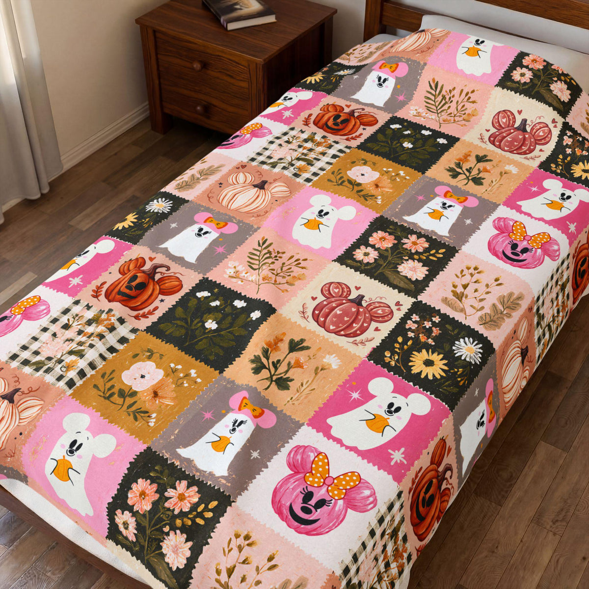 Minnie Ghost Velveteen Plush Halloween Blanket | Mickey Pumpkin Pink and Orange Halloween Throw