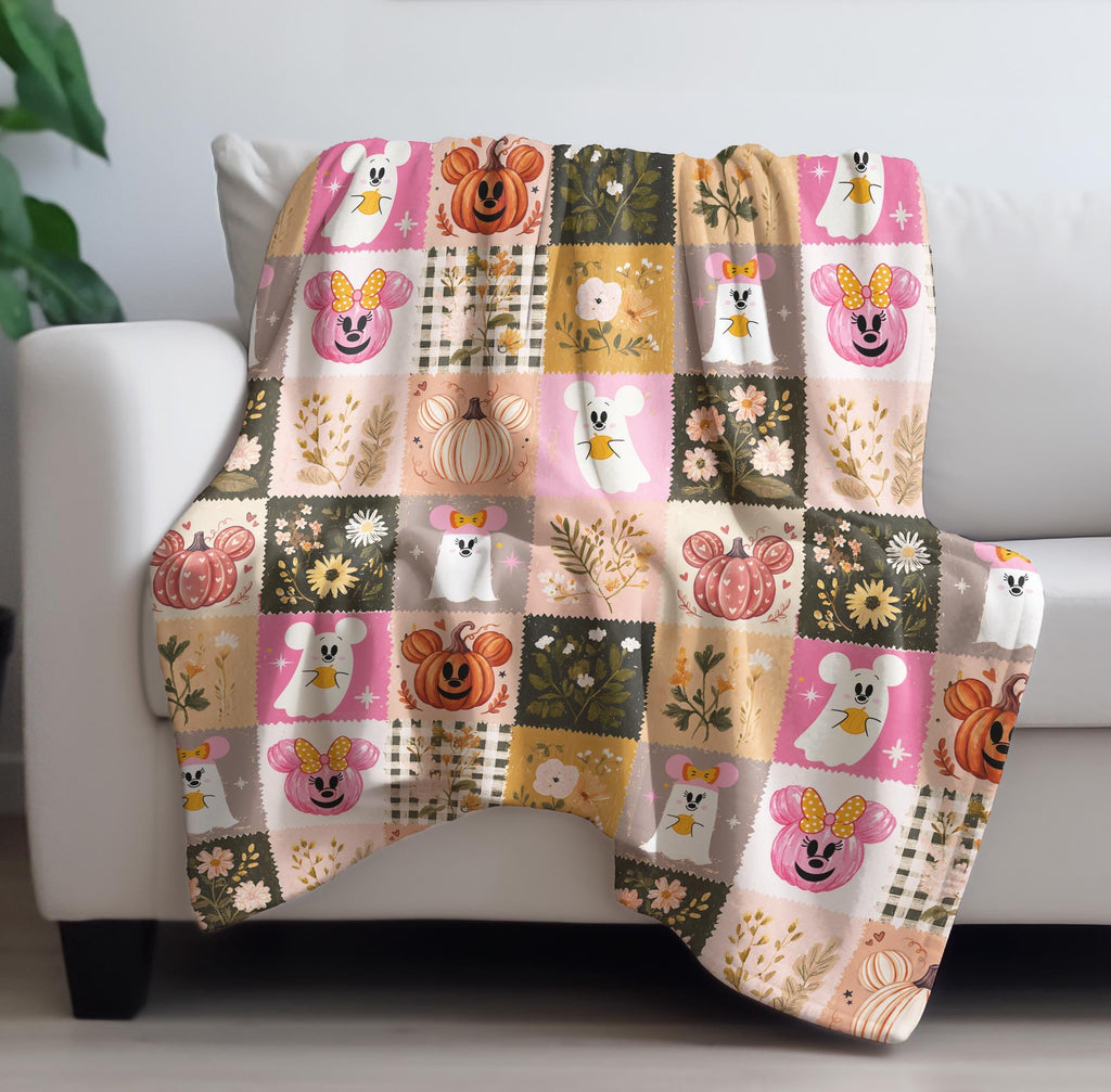 Minnie Ghost Velveteen Plush Halloween Blanket | Mickey Pumpkin Pink and Orange Halloween Throw