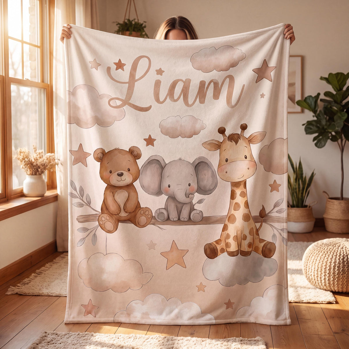 Personalized Safari Animal & Elephant Baby Blanket, Gender Neutral Woodland Nursery Decor, Custom Hot Air Balloon Swaddle, Fall Gift