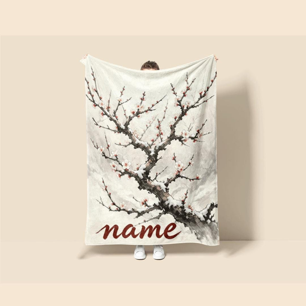 Snow plum blossom print artistic‑style hotel blanket pet blanket portable blanket Customized name holiday gift office blankets