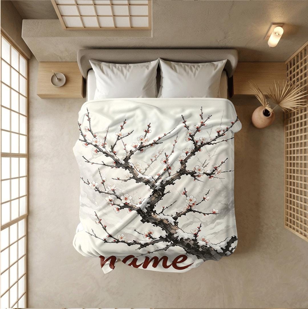 Snow plum blossom print artistic‑style hotel blanket pet blanket portable blanket Customized name holiday gift office blankets