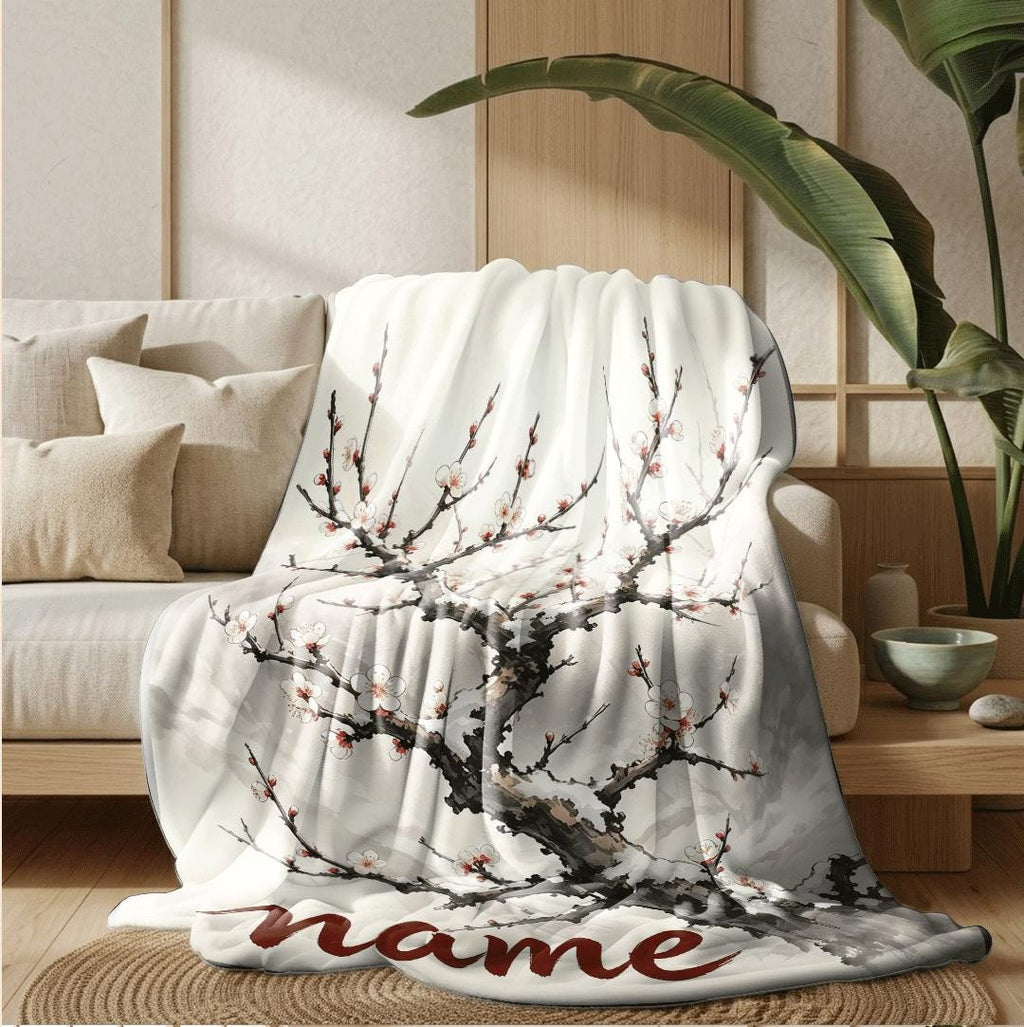 Snow plum blossom print artistic‑style hotel blanket pet blanket portable blanket Customized name holiday gift office blankets