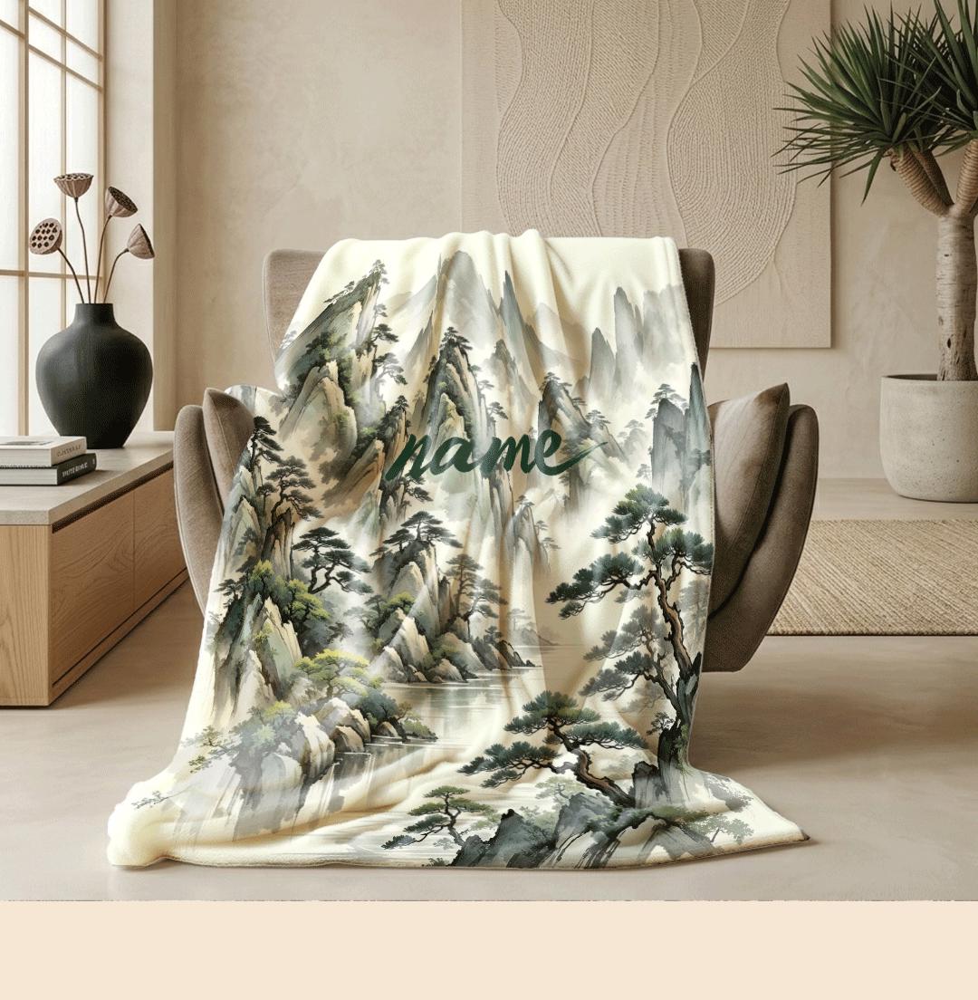 Chinese mountain print Customized name travel‑portable blanket sofa blanket single blanket retro charm gift‑ready winter warm blankets