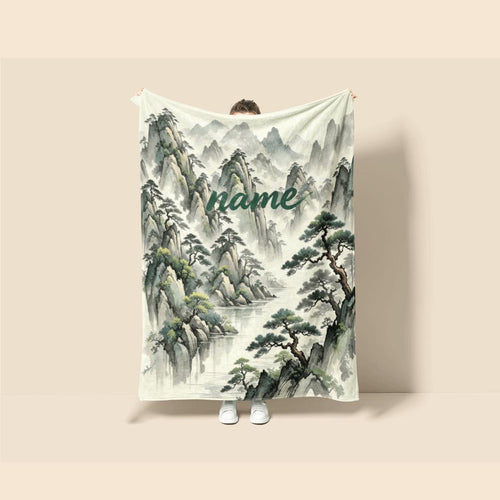 Chinese mountain print Customized name travel‑portable blanket sofa blanket single blanket retro charm gift‑ready winter warm blankets