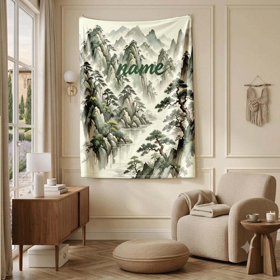 Chinese mountain print Customized name travel‑portable blanket sofa blanket single blanket retro charm gift‑ready winter warm blankets