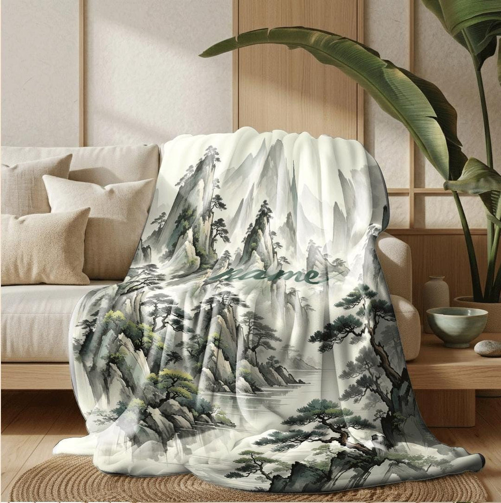 Chinese mountain print Customized name travel‑portable blanket sofa blanket single blanket retro charm gift‑ready winter warm blankets