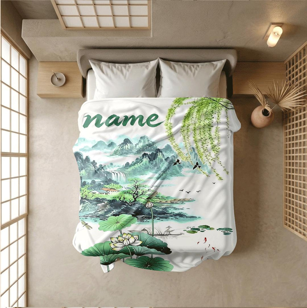 Lotus landscape print pastoral‑style dormitory blanket pet blanket hotel blanket Customized name souvenir gift Nap blankets
