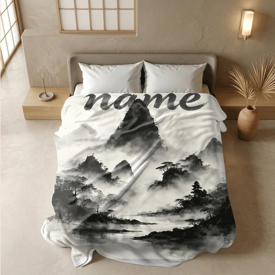 Ink wash mountain print vintage‑style hotel blanket pet blanket portable blanket Customized name souvenir gift office blankets