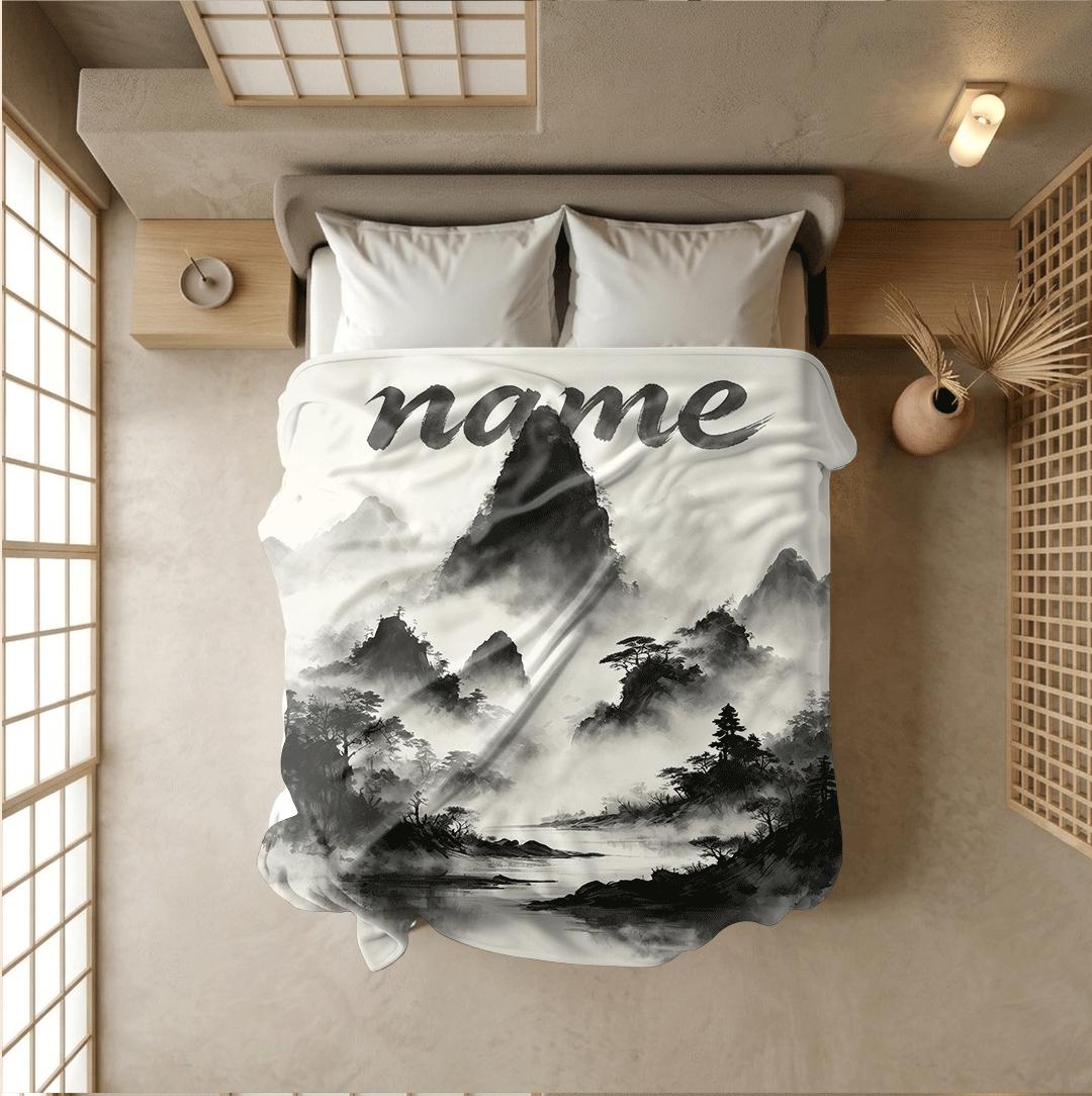Ink wash mountain print vintage‑style hotel blanket pet blanket portable blanket Customized name souvenir gift office blankets