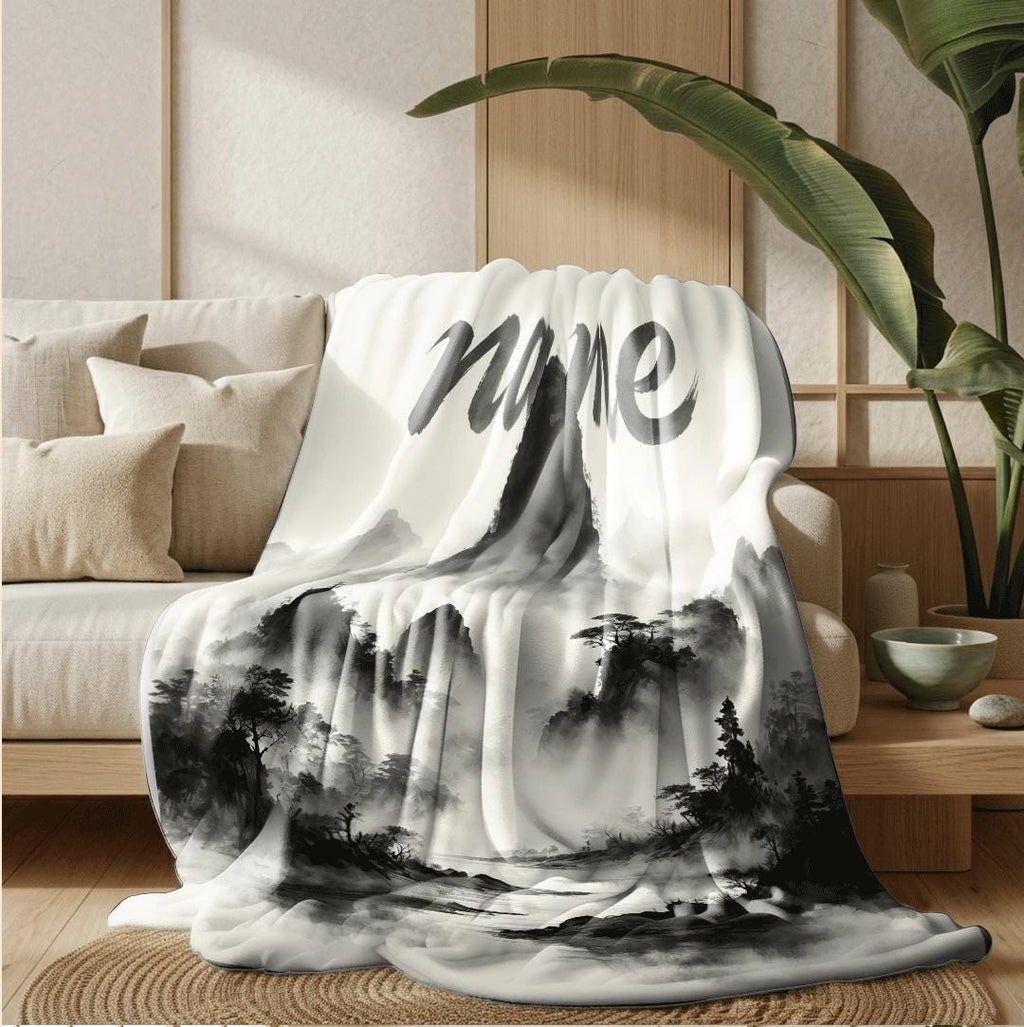 Ink wash mountain print vintage‑style hotel blanket pet blanket portable blanket Customized name souvenir gift office blankets