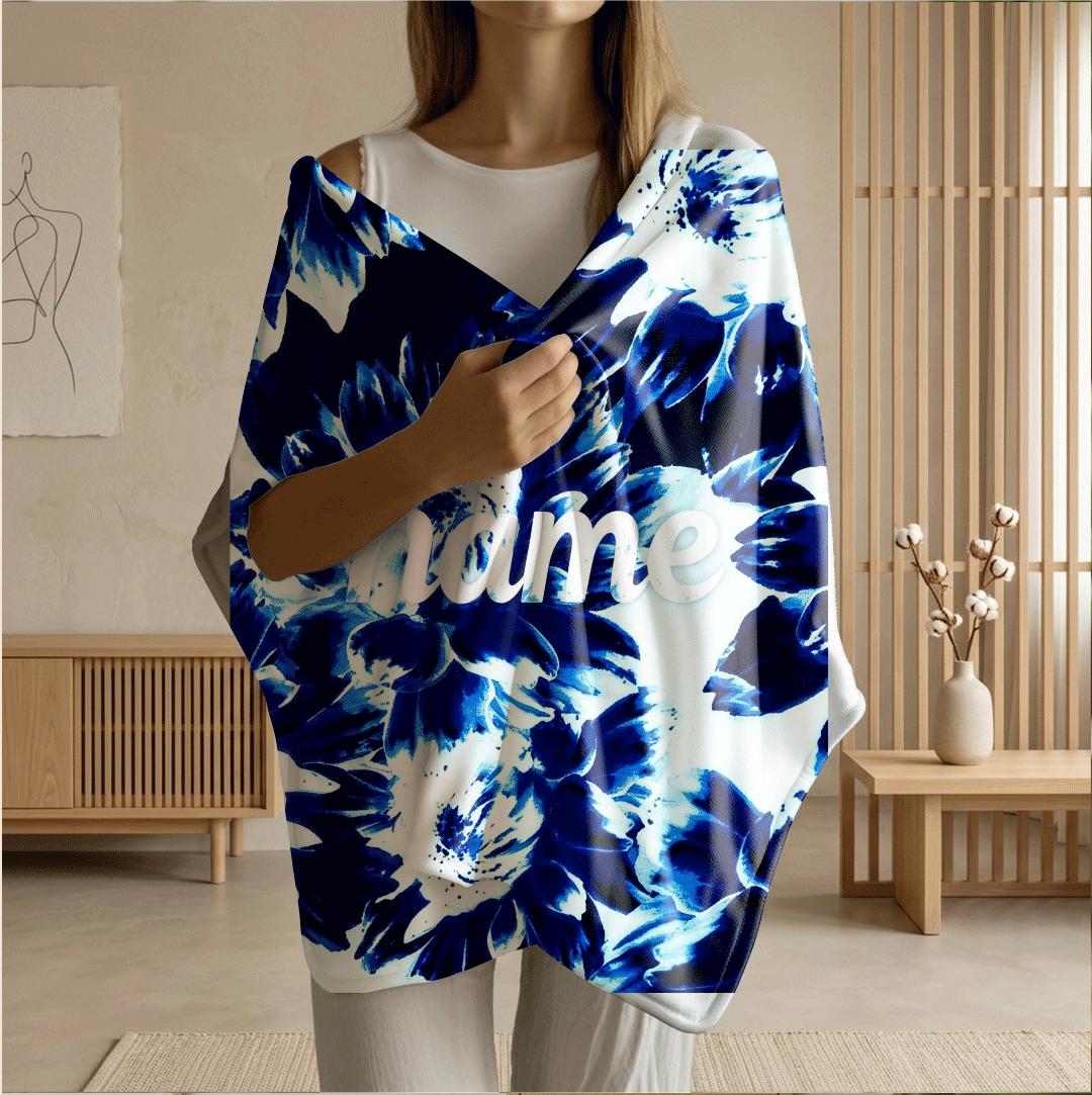 Blue floral print Customized name travel‑portable blanket sofa blanket single blanket chic charm gift‑ready winter warm blankets