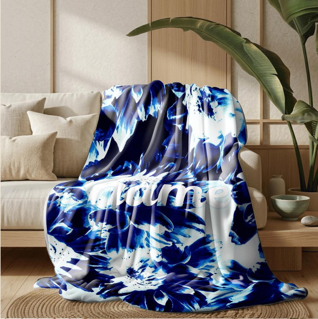 Blue floral print Customized name travel‑portable blanket sofa blanket single blanket chic charm gift‑ready winter warm blankets