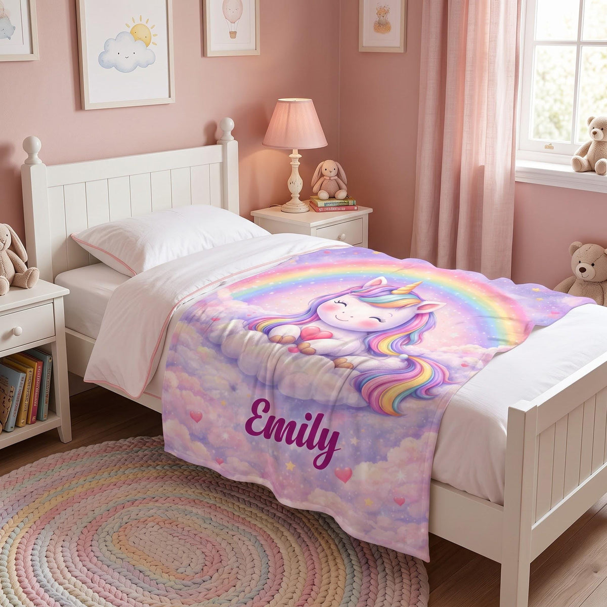 Personalized Unicorn Blanket, Custom Name Rainbow Throw for Girls, Magical Room Decor, Pastel Cloud Blanket, Cute Toddler Gift