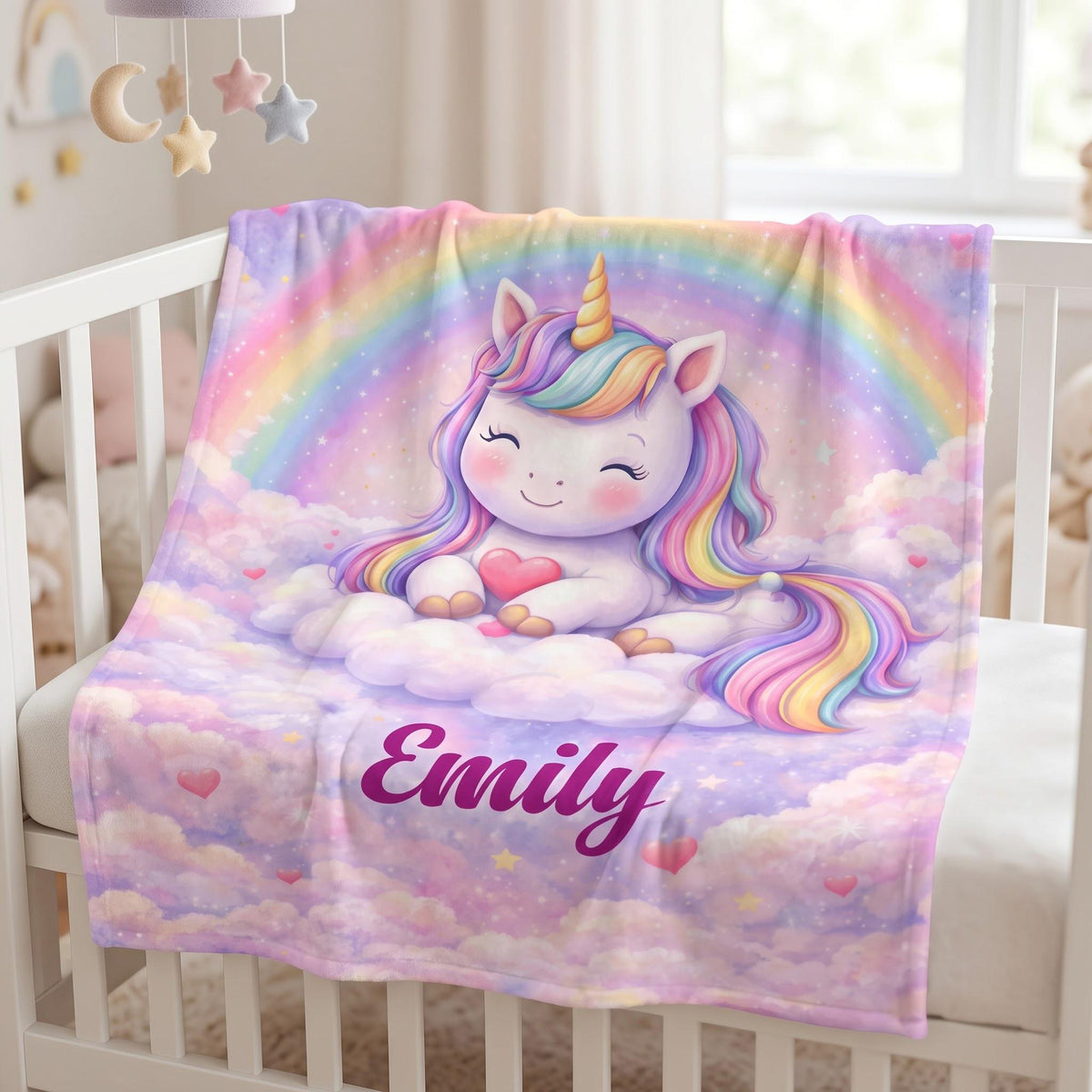 Personalized Unicorn Blanket, Custom Name Rainbow Throw for Girls, Magical Room Decor, Pastel Cloud Blanket, Cute Toddler Gift