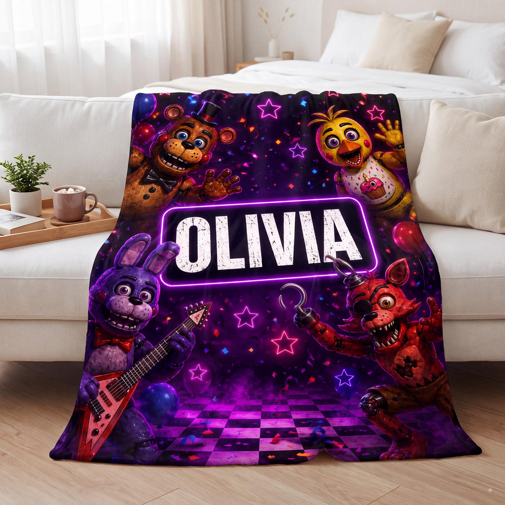 Custom FNAF Blanket, Personalized Five Nights Flannel Throw, Neon Gaming Merch, Custom Name Gamer Birthday Gift for Kids Room Bedding
