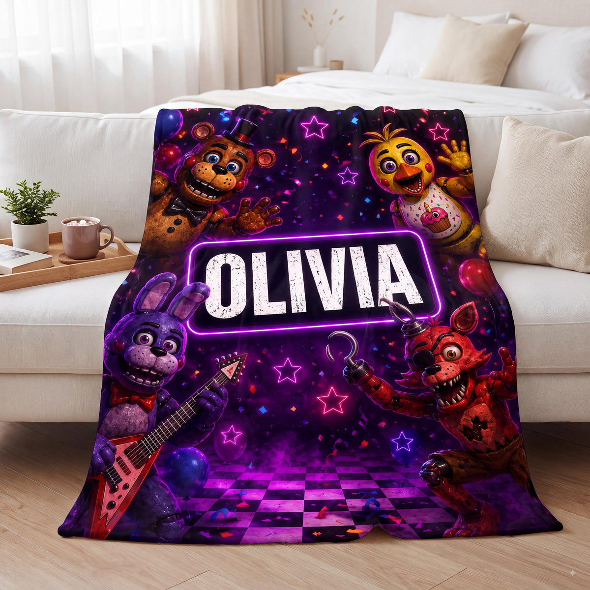 Custom FNAF Blanket, Personalized Five Nights Flannel Throw, Neon Gaming Merch, Custom Name Gamer Birthday Gift for Kids Room Bedding