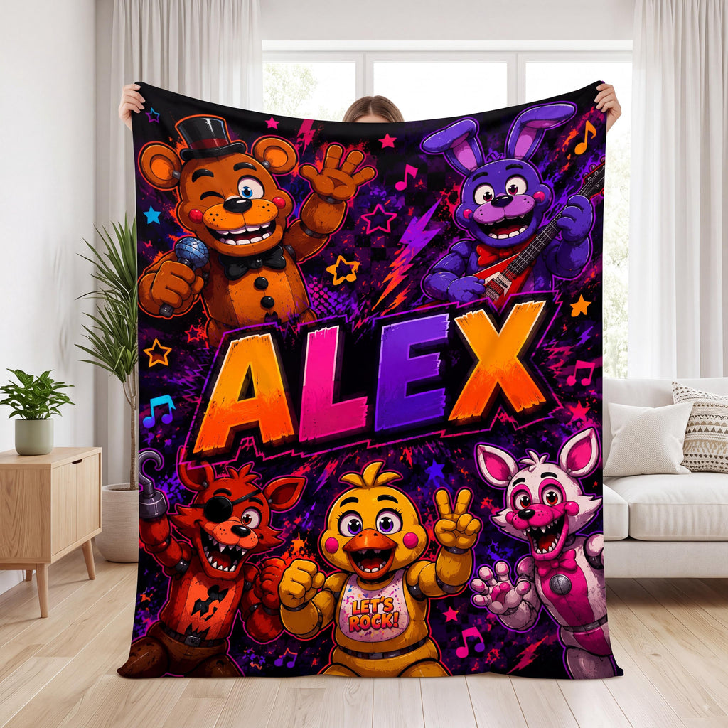 Personalized FNAF Blanket Custom Name Flannel Throw Five Nights Gamer Gift Boys Bedroom Decor Kids Birthday Present Gaming Room Bedding