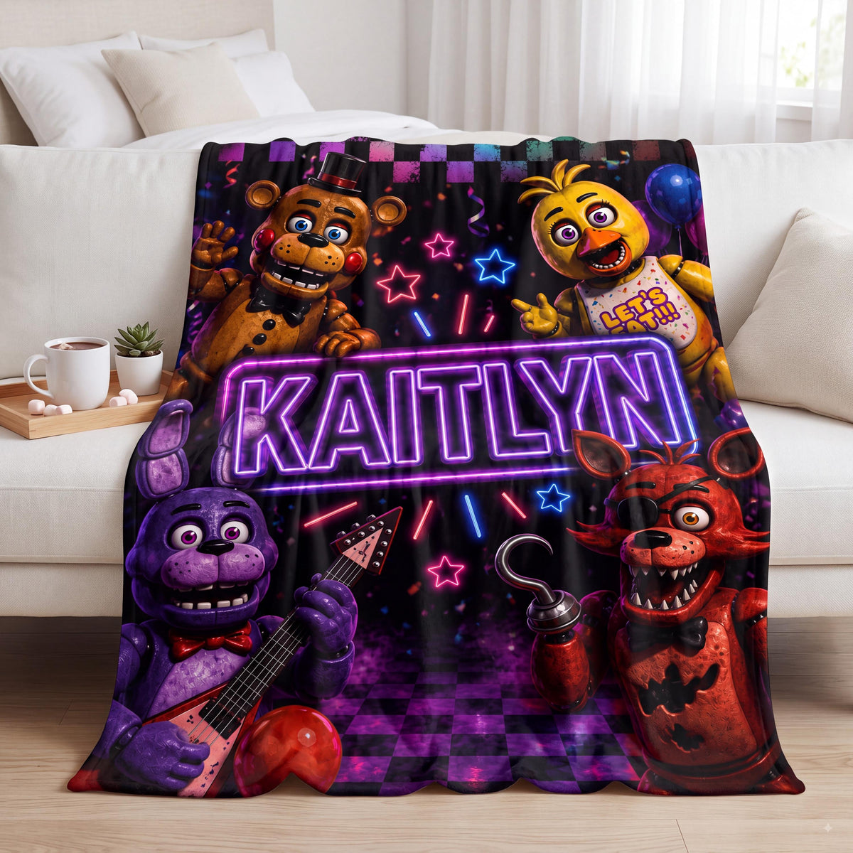 Personalized FNAF Blanket Custom Name Flannel Throw Gamer Gift for Kids Teens Five Nights Room Decor Cozy Birthday Present Boys Bedding