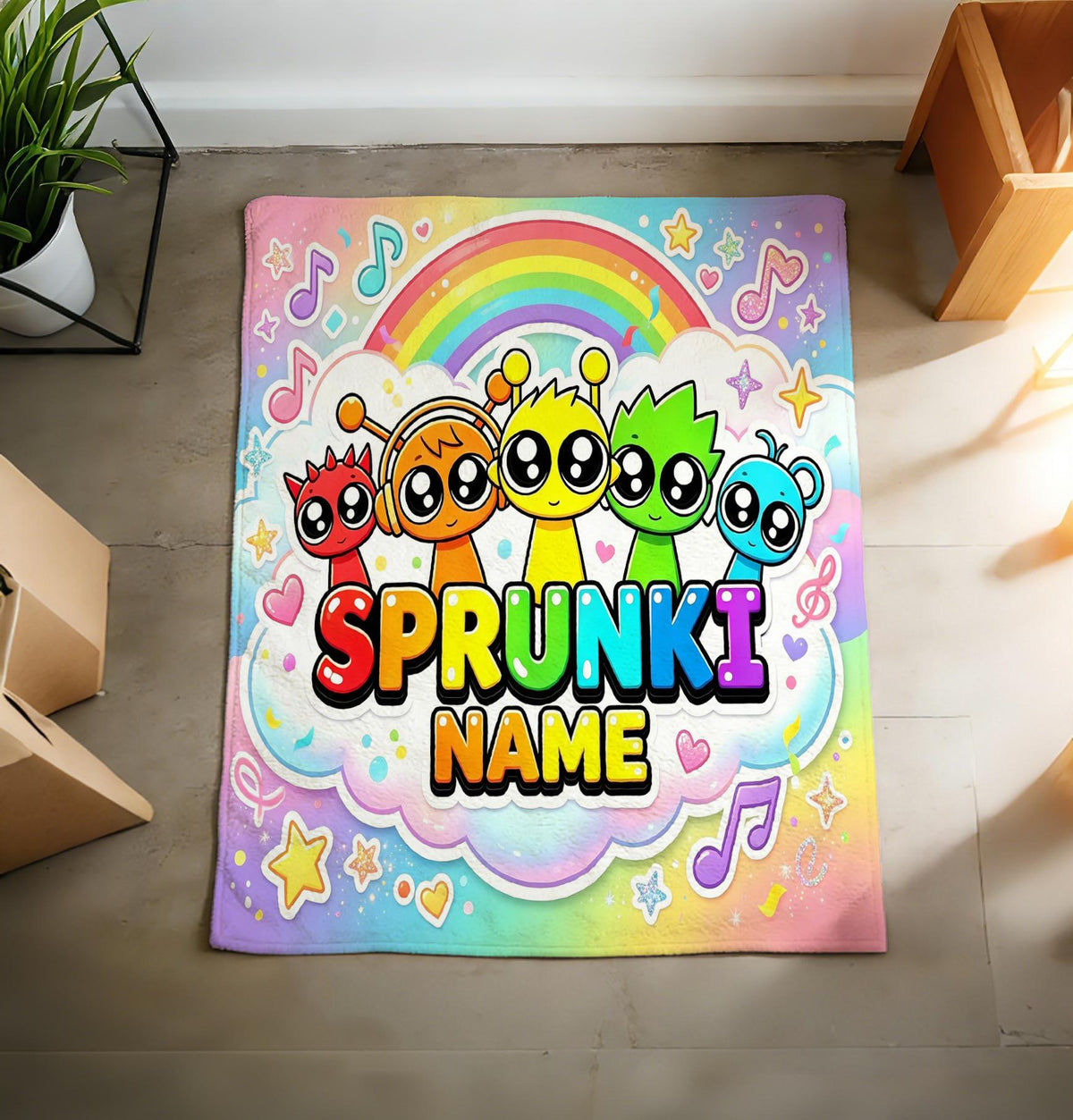 Custom Sprunki Blanket Soft Throw, Rainbow Pastel Fleece, Gift For Music‑Loving Children