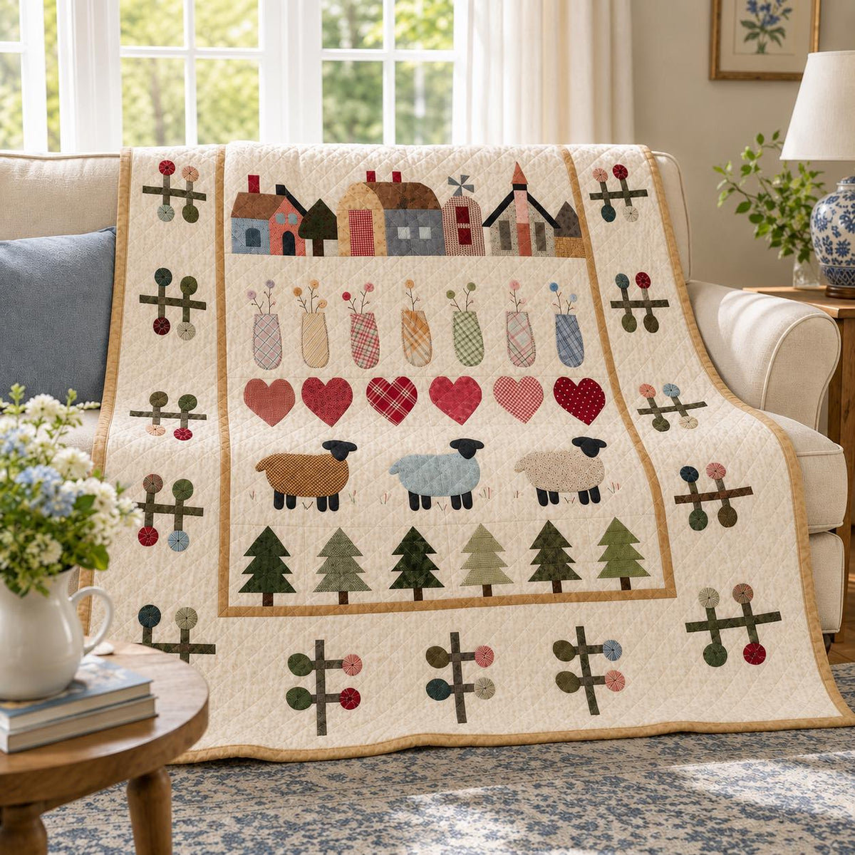 Primitive Folk Art Sheep Quilt Blanket, Rustic Farmhouse Country Decor