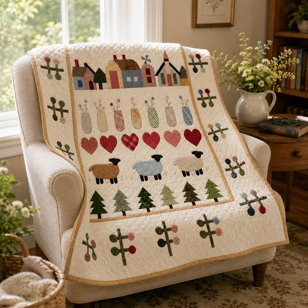 Primitive Folk Art Sheep Quilt Blanket, Rustic Farmhouse Country Decor