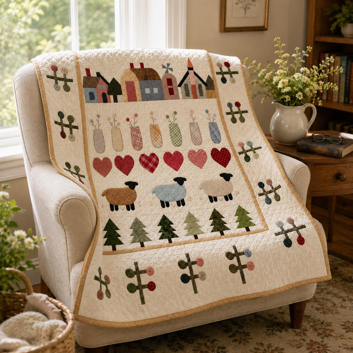 Primitive Folk Art Sheep Quilt Blanket, Rustic Farmhouse Country Decor
