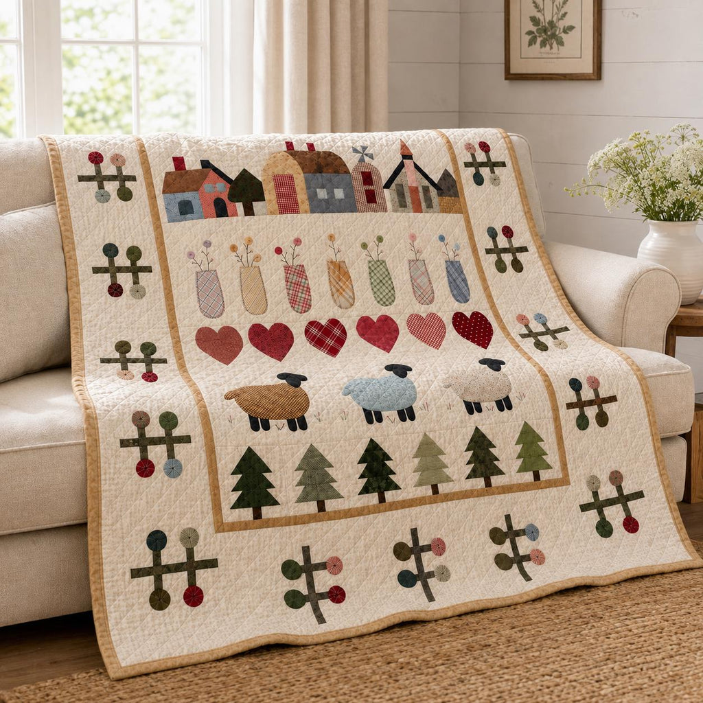 Primitive Folk Art Sheep Quilt Blanket, Rustic Farmhouse Country Decor